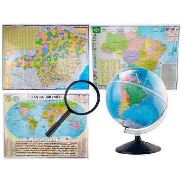 Imagem de Kit Globo Terrestre 30cm Com Led + Lupa + Mapas do Brasil Estado de SP e Mundi 120x90cm Atualizado