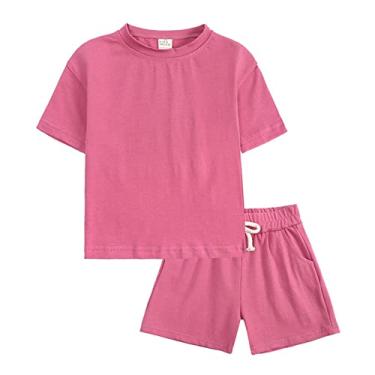 Imagem de Roupas de corrida para meninos, meninas, 2 peças, roupas de verão, camiseta lisa de manga curta com roupas de outono, meninos, Rosa choque, 4-5 Anos