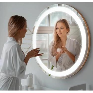 Imagem de Espelho Led 3 cores 80 cm Redondo Bivolt iluminado botão Touch screen Luz Ajustável Dimerizável maquiagem camarim penteadeira luz neutra 80cm