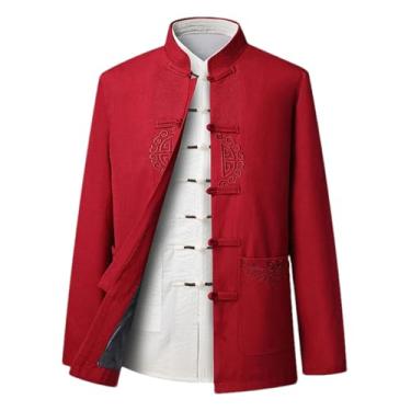 Imagem de BoShiNuo Quimono Hanfu tradicional chinês cardigã masculino gola Cheongsam jaqueta casual jaqueta retrô com botões, Vermelho J52, PP