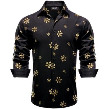 Imagem de Hi-Tie Camisa social masculina vintage de manga comprida, ajuste regular, camisas de botão para festa casual e formatura, Neve, ouro, preto, G