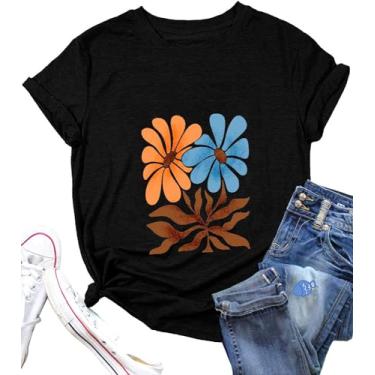 Imagem de Camiseta feminina com estampa floral botânica abstrata de flores silvestres vintage, Preto, M