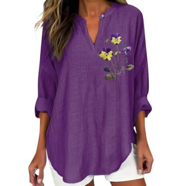 Imagem de Camiseta feminina de conscientização de Alzheimers, verão, linho, manga enrolada, estampa de flores roxas, blusa Henley com gola V, Roxa, GG