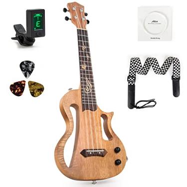 Imagem de Ukulele Silencioso, Ukulele Elétrico Lotkey Okoume Body de 53 cm para treino ou apresentações com corda de nylon italiano com alça de afinador e acessórios completos