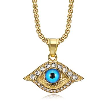 Imagem de NEGS Colar de aço inoxidável com pingente de proteção Olho de Hórus Egito para homens e mulheres, corrente de 61 cm azul olho turco joia egípcia presente, Aço inoxidável, Zircônia cúbica