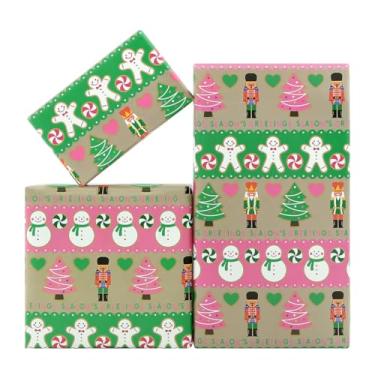 Imagem de Papel de embrulho de Natal rosa e verde, 4 folhas de homem de gengibre, quebra-nozes, papel de embrulho de presente de boneco de neve, para homens, mulheres, crianças, meninos, meninas, papel