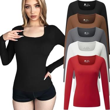 Imagem de FMNNNN Camisetas femininas de manga comprida com gola quadrada de 5 peças, básicas, para primavera, outono, moda, camadas justas, Y2k, 5 peças: preto/branco/café/vermelho/cinza, GG