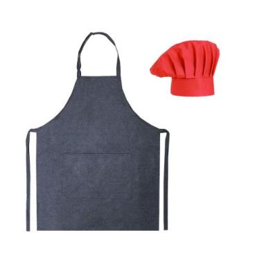 Imagem de Avental Jeans E Chapeu De Cozinheiro Vermelho Kit Chef Cozinha - Du Ch