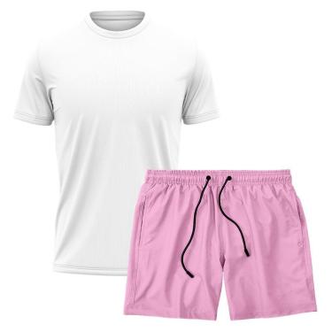 Imagem de Kit Short Praia Academia Passeio Treino Rosa + Camiseta Manga Curta Masculina-Masculino