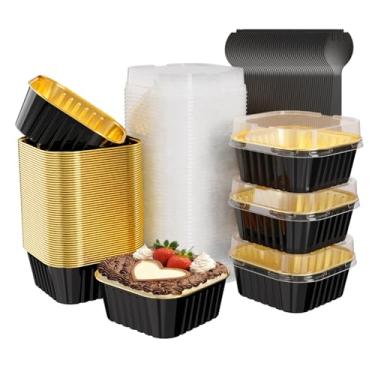 Imagem de Ksmxos Pacote com 50 mini formas de bolo quadradas com tampas, mini formas de pão com tampas, copos de folha de alumínio, copos descartáveis de cupcake, copos de sobremesa para festa de aniversário de