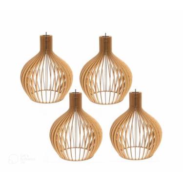 Imagem de 4 Pendente De Madeira Retrô Luminária Lustre 28 X 34 Cm Cru - Tayshop