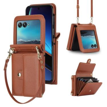 Imagem de Asuwish Capa de telefone para Motorola Razr 2024/Moto Razr 50 - Marrom, Preto, Dourado - Couro PU - Alça transversal e pulso, Design de carteira, Bloqueio RFID