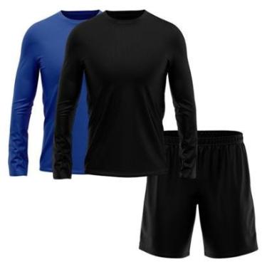 Imagem de Kit Short + 2 Camisetas Masculina Manga Longa Segunda Pele Esporte Treino-Masculino