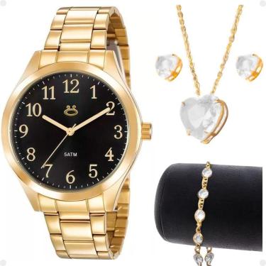 Imagem de Relogio Feminino Banhado Aço Inox + Brincos + Colar Strass Inoxidável Pulseira Casual Social Moda
