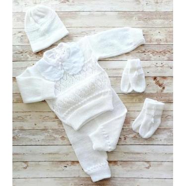 Imagem de Conj Tricô Bebe 5 pcs Luxo Blusa Calça Gorro Meia e Luva Lã - Lubaby, 