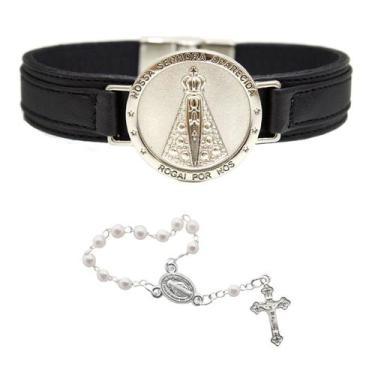 Imagem de Pulseira de Couro Magnética Feminina Preta Nossa Senhora Aparecida Fun