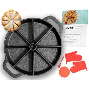 Imagem de Forma de bolo/pão de milho de ferro fundido para 8 assados em forma de cunha, pré-temperada - vem com luvas de forno, tripé de silicone e escova de óleo - por KUHA