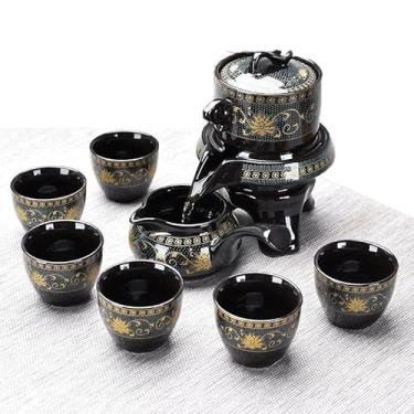 Imagem de Conjuntos de Chá Kung Fu China Enjoy Life Presente Automático Moinho de Pedra Design Artesanal Cerâmica Xícaras de Chá de Porcelana Japonesa Chá para Adultos Homens Mulheres 9 peças (Cor: Preto)