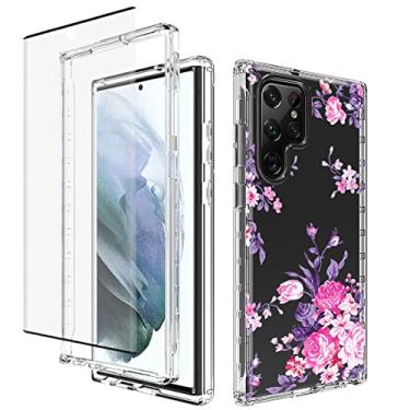 Imagem de Yerebel Capa para Galaxy S22 Ultra, SM-S908U com protetor de tela de vidro temperado, design floral à prova de choque, capa protetora para celular para Samsung Galaxy S22 Ultra 5G (rosa)