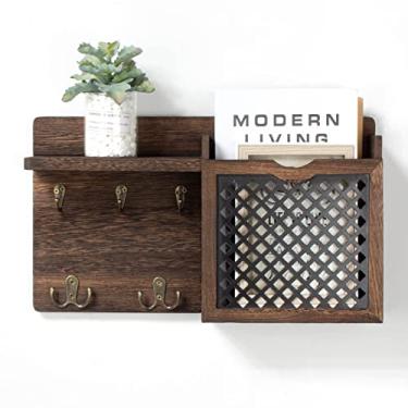 Imagem de AKKO Porta-chaves e correio de madeira para parede, organizador rústico de correio e chaveiro, com ganchos para chaves e classificador de correio, decoração de casa perfeita para sala de entrada,
