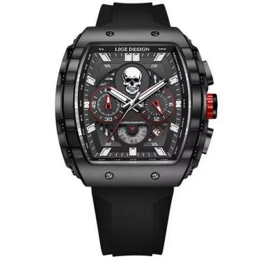 Imagem de Relógio De Quartzo Impermeável Masculino Caveira Esportivo Casual Tonneau Preto