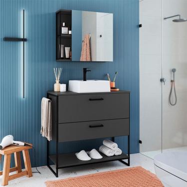 Imagem de Conjunto de Gabinete de Banheiro Paricel 1 PT e 1 GV com Cuba Ametista Branca e Espelheira Angel 1 PT Preto e Grafite