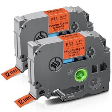 Imagem de Unismar Fita de etiqueta laminada Brother TZe-B31 preta em laranja fluorescente 12 mm 0,47 para etiquetadora PT-D220 PTD210 PTH110 PTH100 PTD600 PTD200, 1,27 cm x 8 m, pacote com 2