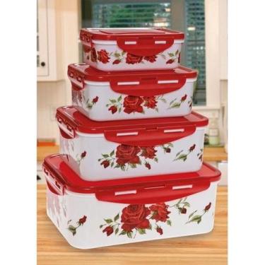 Imagem de Conjunto de Potes Retangulares Vermelho Floral Tampa com Travas 4 Peça