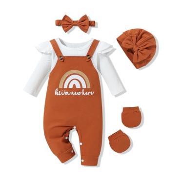 Imagem de Gaupafmb Macaquinho para bebê menina marrom arco-íris e Hi I Am New Here roupas de bebê meninas 4 peças roupas de bebê menina 3-6 meses