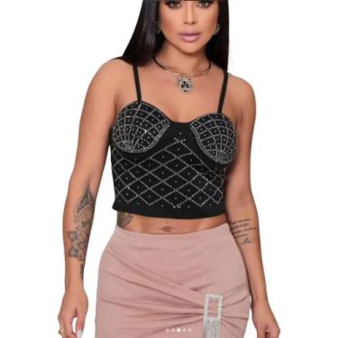 Imagem de Blusa Cropped Alcinha Com Pedras Brilhante Strass Lançamento - Propria