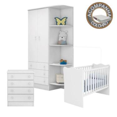Imagem de Quarto de Bebê Completo Berço Colchão Light Guarda Roupa Cômoda Doce S