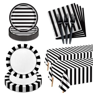 Imagem de Conjunto de pratos e guardanapos listrados preto e branco com 162 peças, preto e branco, com pratos, guardanapos, toalha de mesa listrada preta e branca, garfos para aniversário, casamento, formatura,