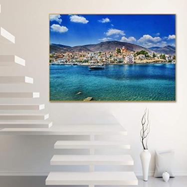 Imagem de Impressão de pintura panorâmica em tela - cidade colorida na costa do Mar Egeu Imagens de arte de paisagem moderna - Impressão de arte de pôster de natureza - Impressão de imagem de arte de parede em