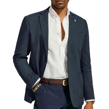 Imagem de PJ PAUL JONES Blazer masculino casual de algodão e linho, leve, com 2 botões, sem forro, Cinza e azul, XX-Large