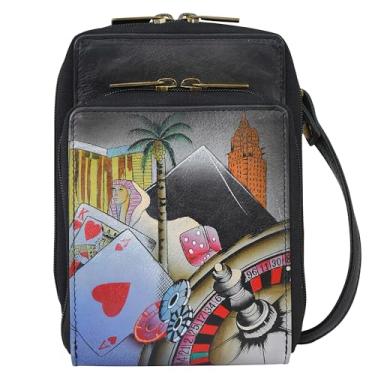 Imagem de Anna by Anuschka Bolsa transversal organizadora pequena de couro pintado à mão original feminina, Sin City, Cidade do pecado, One Size