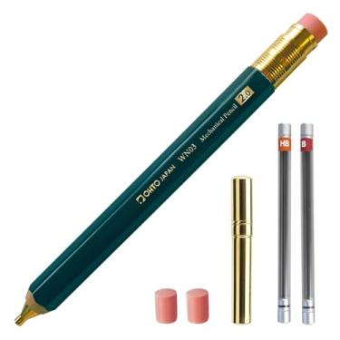 Imagem de Conjunto de lapiseira de madeira WN03, 2,0 mm extra negrito, barril grosso, lápis verde cedro incenso com refis de chumbo (HB, B), refis de borracha e apontador de latão para escrever, esboçar,