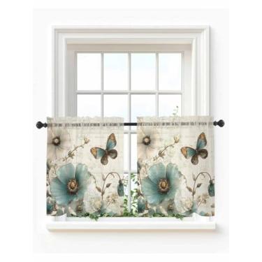 Imagem de Cortinas de cozinha transparentes com flores turquesa 61 cm de comprimento, borboletas florais botânicas de primavera pequenas cortinas de janela, cortinas vintage de voile rústico curto, tratamentos