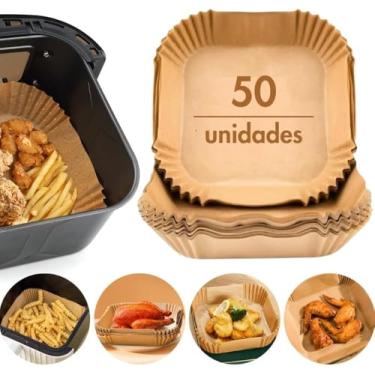 Imagem de Kit 50 Formas de Papel Descartável Quadrada Antiaderente Premium - Ecológico, Higiênico e Universal. Mantenha sua air fryer sempre limpa, sem sujeira, sem gordura, com praticidade e sustentabilidade!