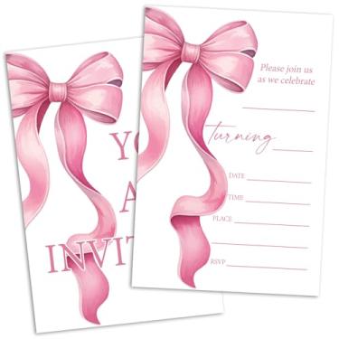 Imagem de Convites de aniversário de laço rosa, convites de festa de aniversário de laço de fita rosa para meninas, adultos, adolescentes, senhoras, suprimentos de celebração de festa de aniversário, 20