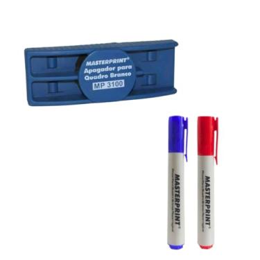 Imagem de Kit de 2 Pincéis Vermelho e Azul para Quadro Branco Recarregáveis com Apagador, Material Escolar