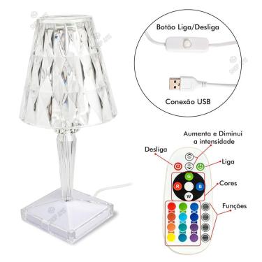 Imagem de Luminária Abajur Cristal Led Rgb Usb Com Controle Remoto