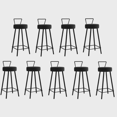 Imagem de Kit 09 Banqueta Alta Com Encosto Tais Eiffel Cozinha Bar Bistrô Ferro Preto Corino Preto - Ahz Móveis