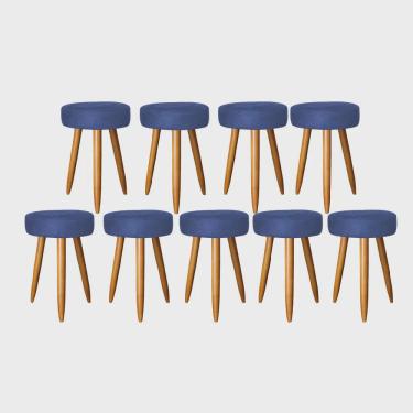 Imagem de Kit 09 Banqueta Alta Julia 50cm Bar Cozinha Balcão Bistrô Pé Palito Caramelo Tecido Sintético Azul Marinho - Ahz Móveis