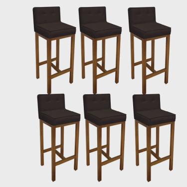 Imagem de Kit 06 Banqueta Alta Com Encosto Alba Cozinha Balcão Bistrô Base Madeira Castanho Tecido Sintético Marrom - Ahz Móveis