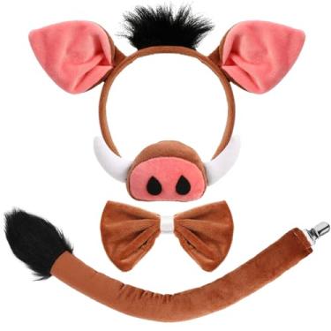 Imagem de XEPST Animal Warthog Costume Set, Warthog Ears and Tail Set with Ears Headband Nose Bowtie and Tail for Animal Costume Cosplay Birthday Party Accessories Carnival Halloween Fancy Dress Party Supplies