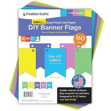 Imagem de 160 peças de bandeiras de papel DIY bandeiras de galhardete feliz, pequenas (6,3 x 8,9 cm), cartolina feita nos EUA, galhardetes em branco perfurados para decorações de festas, aniversários infantis
