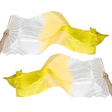 Imagem de PATIKIL Véu de seda para 16 leques de dança do ventre 150 cm, 1 par (esquerda + direita) ventilador de dança longo dobrável de madeira para apresentação de dança, branco amarelo claro