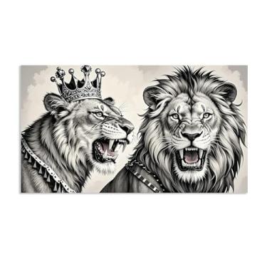 Imagem de Arte de parede em tela preta e branca Rei Leão e Leoa Coroa Rei Animal Arte para Sala de Estar Decoração de Escritório Pôster 72 x 40 cm (28 x 16 pol)