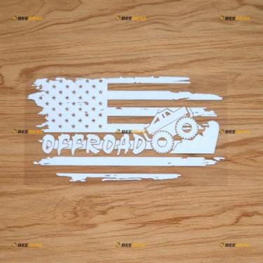 Imagem de Adesivo Off Road 4X4 Bandeira Americana Carro Caminhão Decalque Vinil Montanha Envelhecido Esfregado - Branco 20,3 cm - Adequado para Ford Chevy GMC Toyota Jeep Caminhonete Carro Sem Fundo Die-Cut