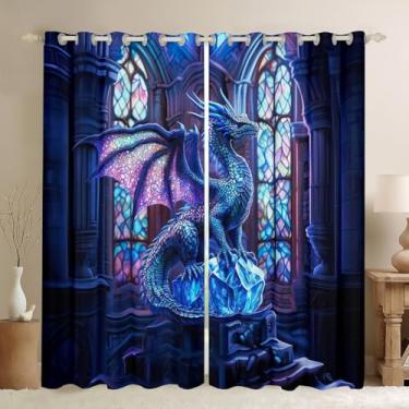 Imagem de Cortinas de janela infantis com dragão ocidental, asas roxas, glitter, românticas, cortinas de janela para meninos e meninas, patchwork geométrico, vidro, azul, moderno, tratamentos de janela, ilhós